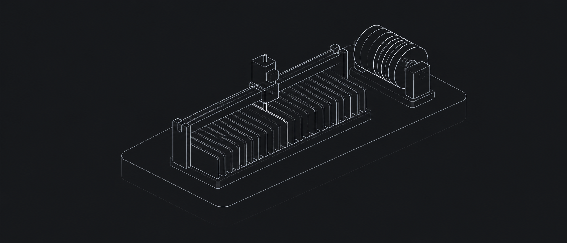 An isometric line drawing of a radial ledger machine on a plinth